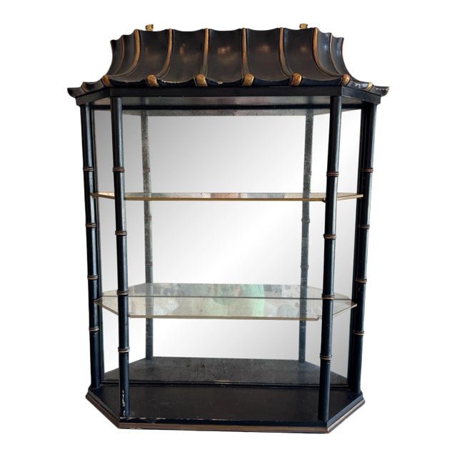 Vintage Black Wooden Hanging Mirrored Shelf For Sale