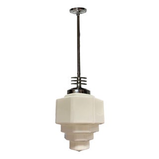 1930s Art Deco Chrome Streamline Pendant Light W/ Stepped Milk Glass Shade For Sale