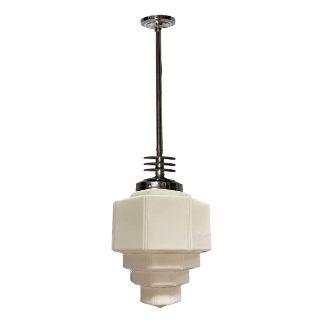 1930s Art Deco Chrome Streamline Pendant Light W/ Stepped Milk Glass Shade For Sale