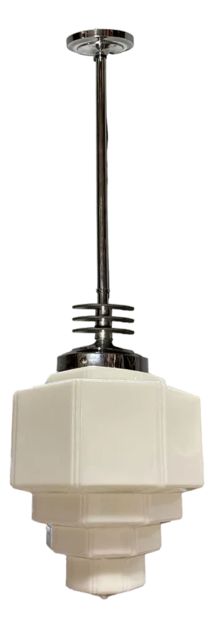1930s Art Deco Chrome Streamline Pendant Light W/ Stepped Milk Glass Shade