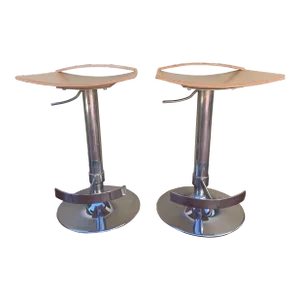 1990s Vintage Chrome and Wood Seat Barstools, Set of 2