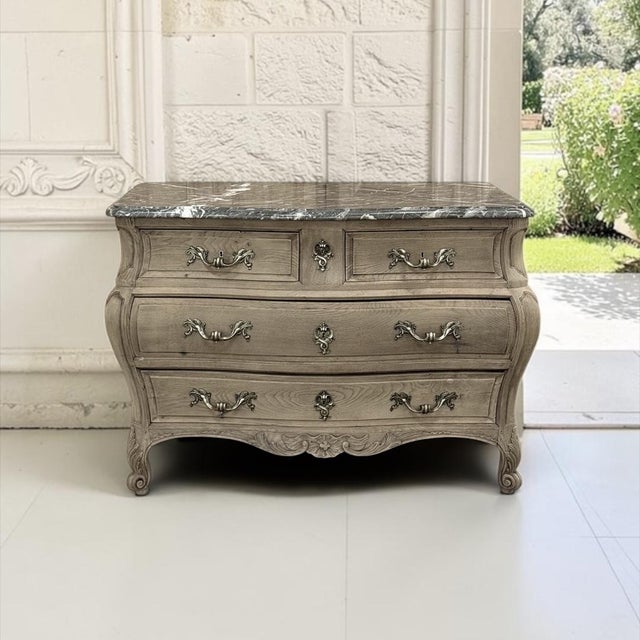French Country Antique 19th Century Country French Louis XV Bombe Commode in Stripped Oak With Gray Marble For Sale - Image 3 of 18