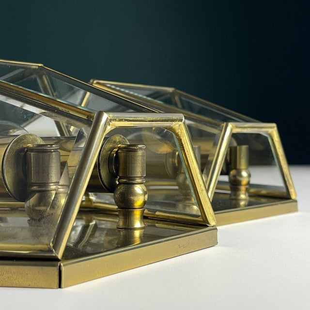 Hexagonal Gold Brass and Crystal Sconces, 1970s, Set of 2 For Sale - Image 9 of 14