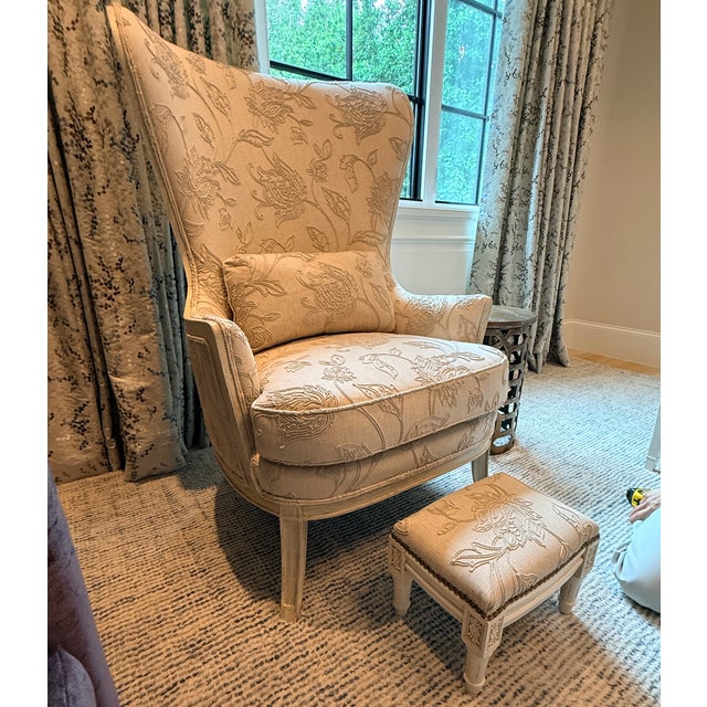 Tall Embroidered Wingback With Footstool For Sale - Image 11 of 13