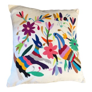 Mexican Otomi Embroidery Textile Pillow 16" W For Sale
