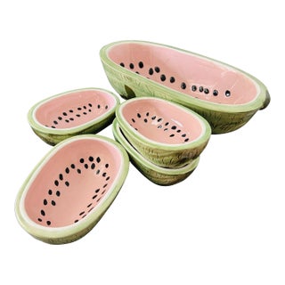 Vintage Mid-Century Modern Watermelon Ceramic Hand-Painted Trompe L’Oeil Fruit Bowls – 5-Piece For Sale