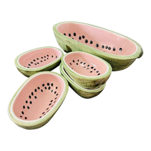 Vintage Mid-Century Modern Watermelon Ceramic Hand-Painted Trompe L’Oeil Fruit Bowls – 5-Piece