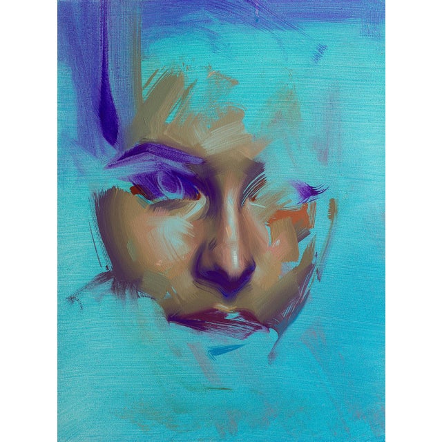 Aqua Study, Wonder by Rob Rey | Oil on Panel Portrait of a Face in Blue Tones For Sale