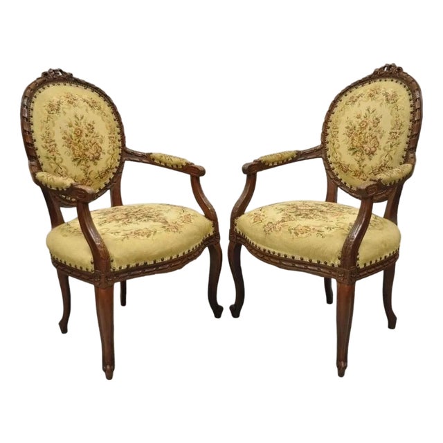 Antique French Country Louis XV Victorian Floral Tapestry Arm Chairs - A Pair For Sale