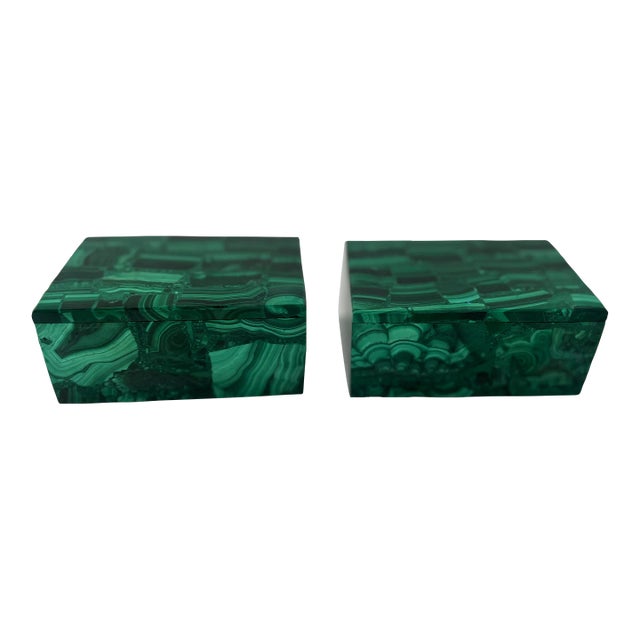 Vintage Pair of Malachite Gemstone Lidded Boxes For Sale