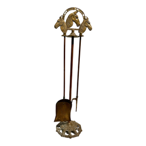 Solid Brass Fireplace Tools with Horse Head Handles & Stand - Set of 3