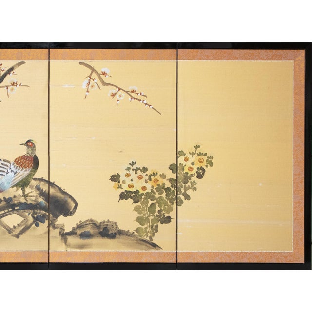 C. 1970s Showa Era Japanese Painted Silk Byobu Screen "Pheasants and Sakura" For Sale - Image 4 of 18