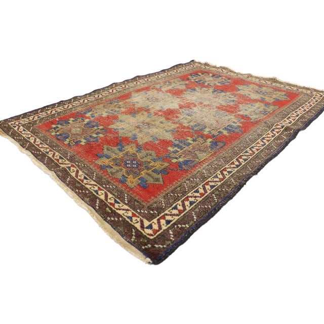 Distressed Antique Persian Karabakh Rug with Modern Rustic Style 03'08 x 05'01. Emanating sophistication and nomadic charm...