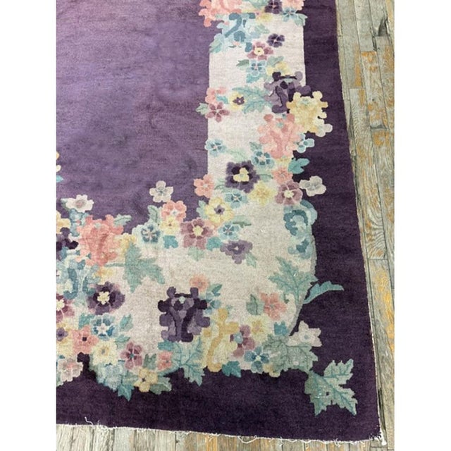1920s Antique Purple Open Field Chinese Handknotted Art Deco Wool Room Size Rug For Sale - Image 9 of 10