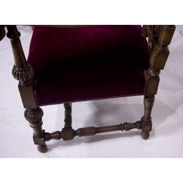 Monumental Carved Renaissance Revival “Throne” Armchairs – Ornate Figural Backs, Velvet Seats, Pair, C. 1880 For Sale - Image 4 of 5