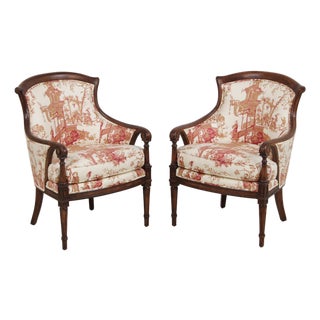 Pair of Stickley Louis XVI Style Chinoiserie Barrel Back Armchairs For Sale