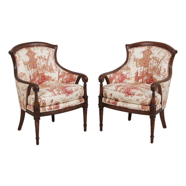 Pair of Stickley Louis XVI Style Chinoiserie Barrel Back Armchairs For Sale