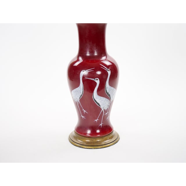 Pair of Mid-20th Century Burgundy Red Porcelain Chinoiserie Heron Table Lamps For Sale In New York - Image 6 of 12