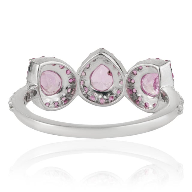 Not Yet Made - Made To Order Carat&Her Lotus Three Stone Pink Sapphire Halo Ring in Sterling Silver - Birthday Gift, Size 7 For Sale - Image 5 of 13