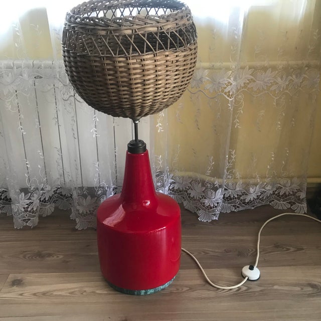 Large Indonesian Table Lamp in Double-Layered Glass and Wicker, 1970s For Sale - Image 3 of 18