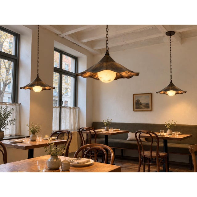 Ruffle Brass Pendant Light, Wavy Kitchen Island Lamp With Alabaster Globe For Sale - Image 6 of 15