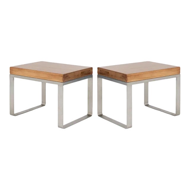 Solid Wood Accent Bench Tables With Steel Bases, Pair For Sale