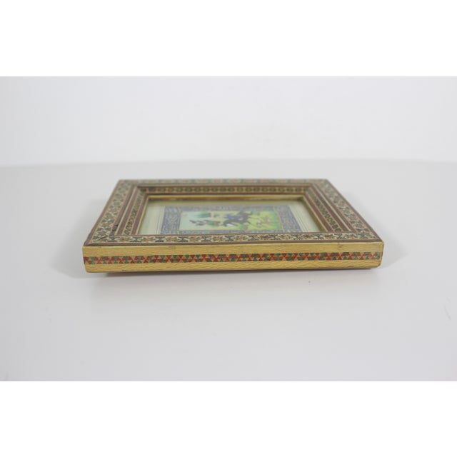 Brass Vintage Miniature Hunting Painting in Persian Khatam Picture Frame With Bone, Wood and Brass Inlay, Table Top Easel Inlaid For Sale - Image 8 of 12