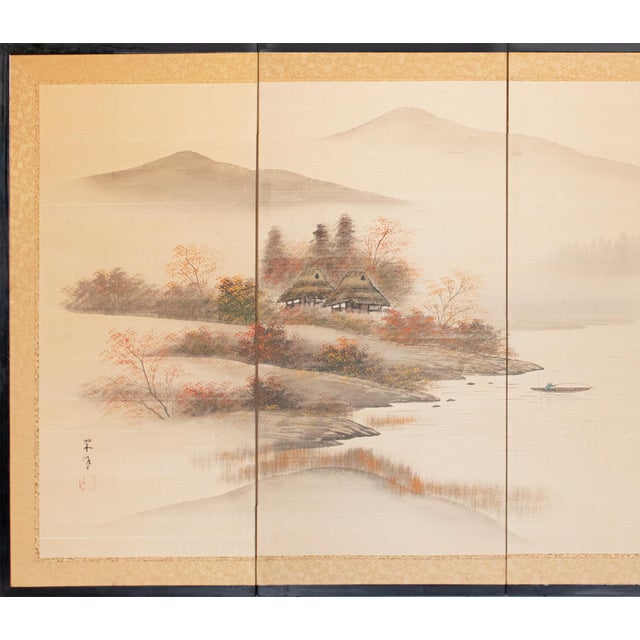 Elegant 1960s 4-panel Japanese painted silk Byobu (folding screen) depicts a peaceful Autumn Landscape with River, houses,...