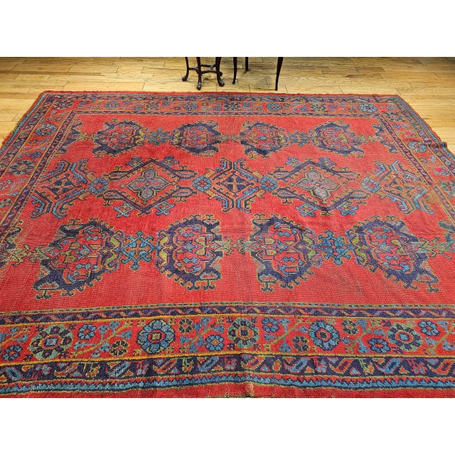 Vintage Turkish Oushak Hand-Knotted Rug, Red Geometric Design, 1900s For Sale - Image 12 of 12