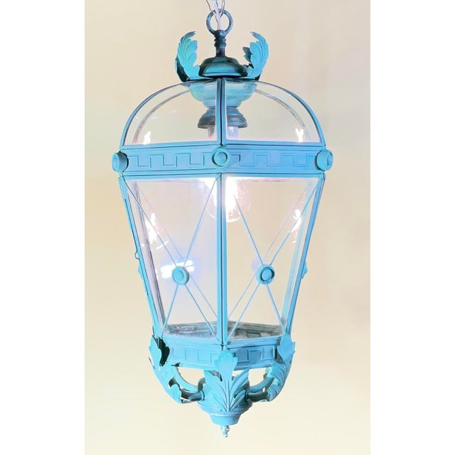 Vintage Solid Brass Hanging Lantern - Neoclassical Architectural Pendant Light For Sale - Image 11 of 17