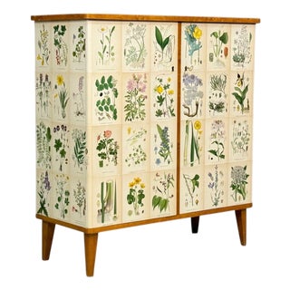 Swedish Modern, Nordens Flora Cabinet, Birch, Floral Lithographs, Sweden, 1940s For Sale