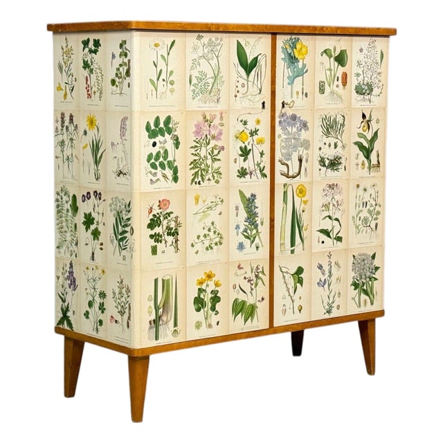 Swedish Modern, Nordens Flora Cabinet, Birch, Floral Lithographs, Sweden, 1940s For Sale