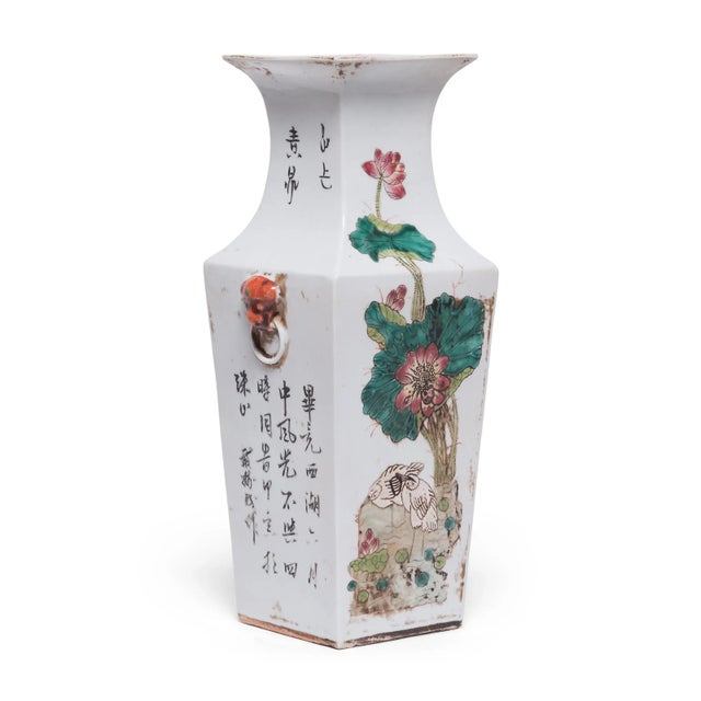 Pair of Chinese Squared Fantail Vases With Egrets Beneath Lotus For Sale In Chicago - Image 6 of 11