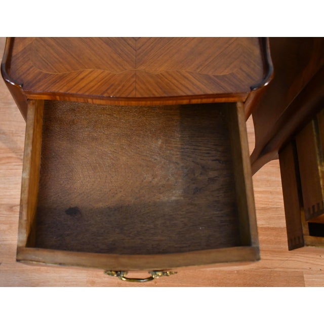 Brown 1910 Antique French Louis XV Satinwood Inlaid Pair of Nightstands Bedside Tables For Sale - Image 8 of 16