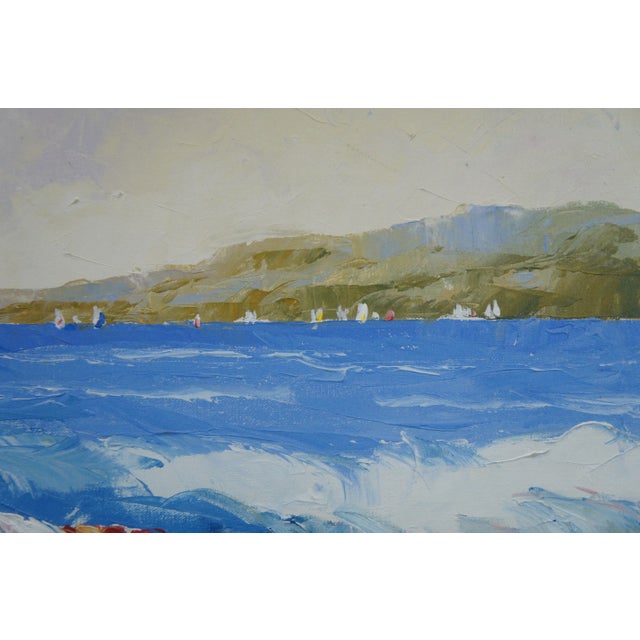 Teal Late 20th Century Impressionist Style Mother and Child on a Beach Oil Painting by Martha Cristel, Framed For Sale - Image 8 of 13