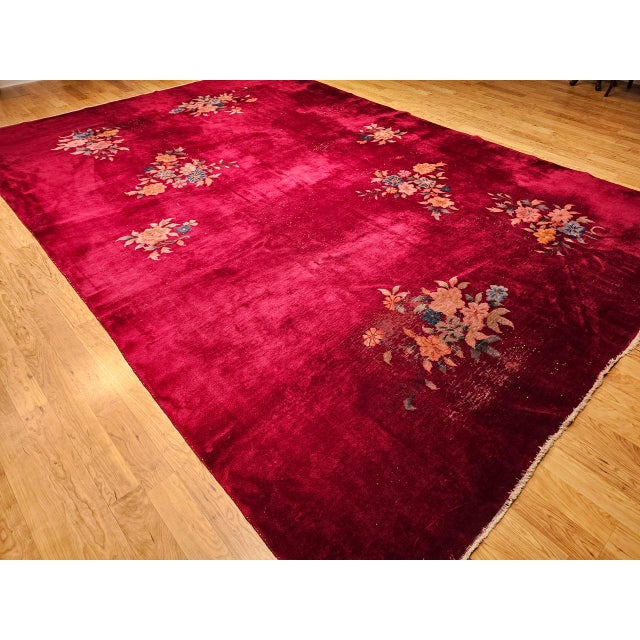 Antique Chinese Art Deco Rug, Hand-Knotted Wool, Crimson Floral Design, 10x14 For Sale - Image 11 of 18