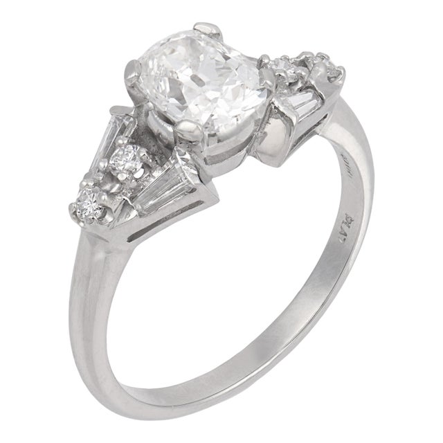 1950s Mid-Century Gia 1.08 Carat Old Mine Cut Diamond Platinum Engagement Ring, Size 5.75 For Sale