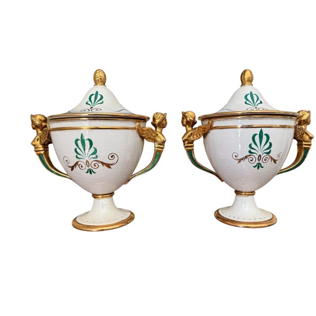 White Vintage Ugo Zaccagnini Italian Neoclassical Urns With Faux Malachite Cartouches - A Pair For Sale - Image 8 of 15