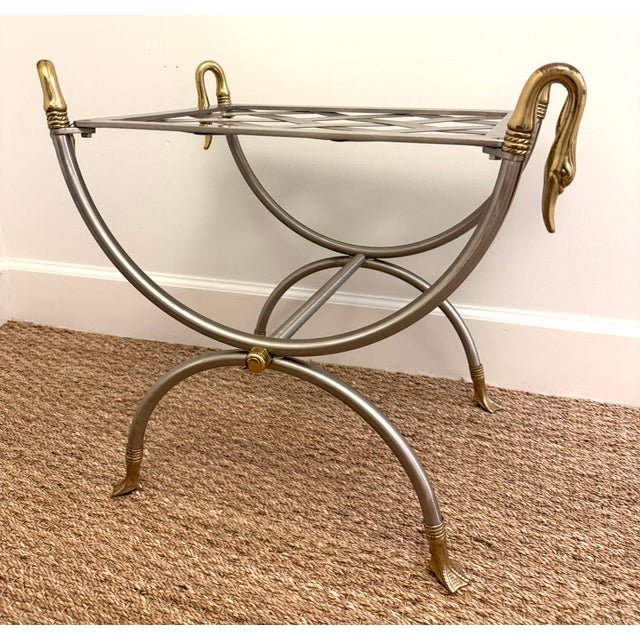 French Maison Jansen Attributed Iron and Brass Swan Curule Stool For Sale - Image 3 of 12