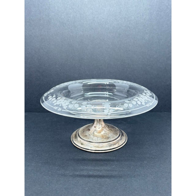1930s Vintage Hawkes Floral Etched Crystal Sterling Silver Compote For Sale - Image 5 of 7