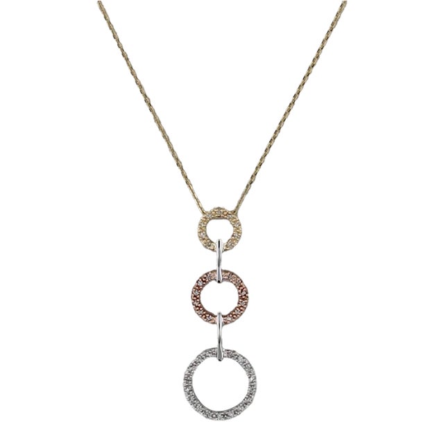 0.14ctw Diamond 3-Ring Pendant Necklace 14k Tri-Toned Gold 20" Cable Chain For Sale