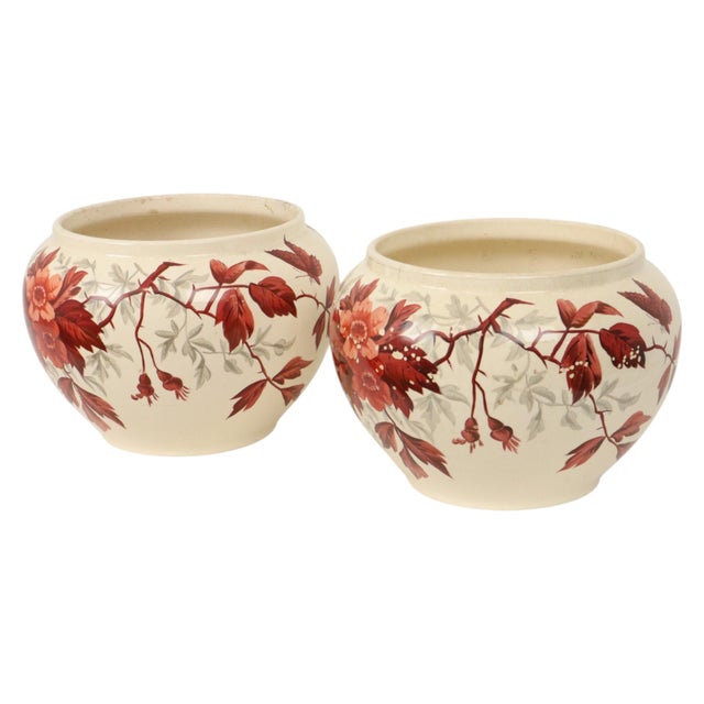 Large Antique Flower Pots Cachepots with Floral Decor, Set of 2 For Sale - Image 4 of 18