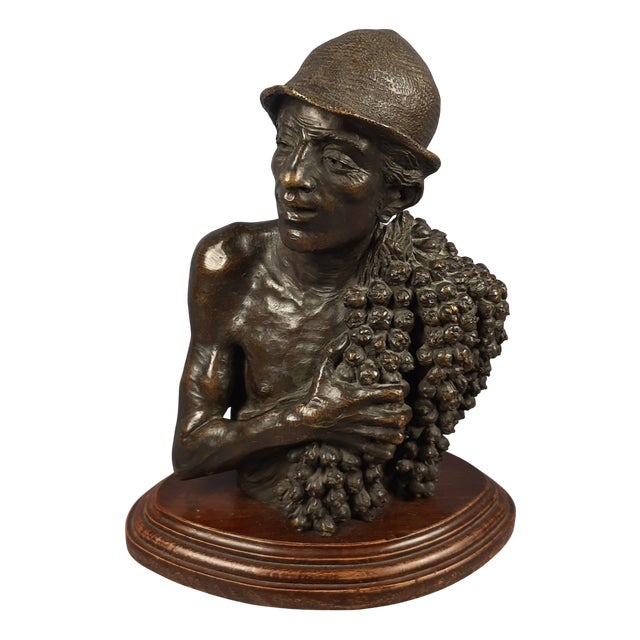Sculpture Bust of a Peasant with Bunches of Grapes, Late 1800s, Bronze on a Wooden Base For Sale