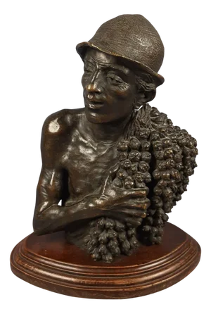 Sculpture Bust of a Peasant with Bunches of Grapes, Late 1800s, Bronze on a Wooden Base