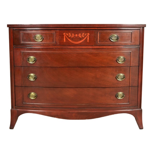 Federal Inlaid Mahogany Bow Front Dresser Chest by National Furniture, Circa 1960s For Sale