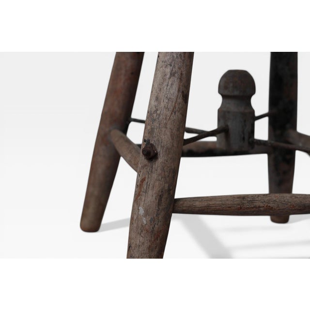 Wood 1920s French Rustic Workshop Stool With Iron Stretcher For Sale - Image 7 of 18