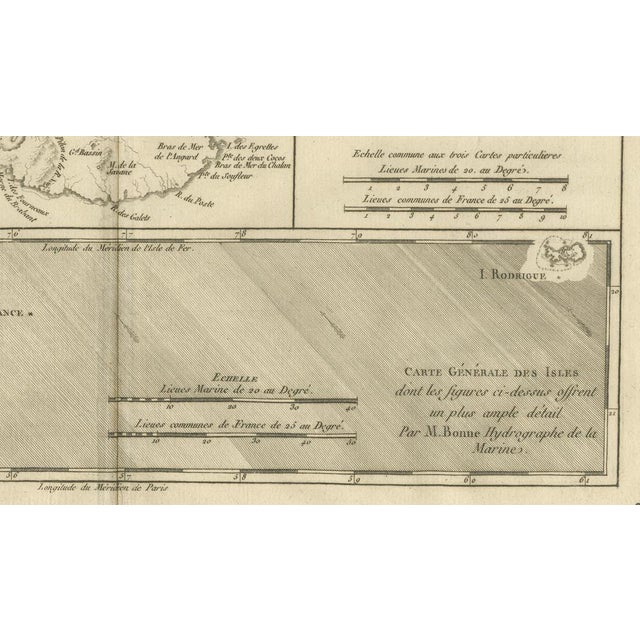 Paper Map of French Indian Ocean Islands Bourbon, Isle De France & Rodrigues by Bonne, 1780s For Sale - Image 7 of 9