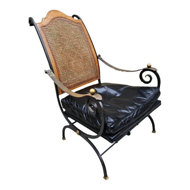 Mid Century Barcelona by Morganton Metal Leather and Cane Campaign Style Lounge Chair For Sale