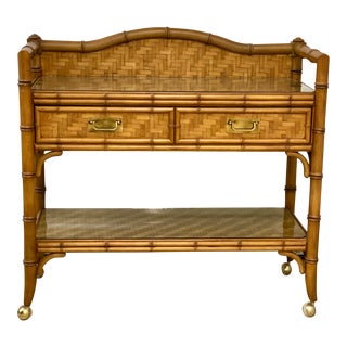 1960s Hollywood Regency Faux Bamboo Herringbone Rattan/Basketweave Bar-Cart For Sale