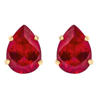18K Yellow Gold 5X7 MM Created Pear Ruby Solitaire Stud Earrings, Pair For Sale